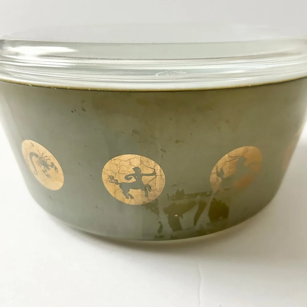 Vintage Pyrex Zodiac Casserole Dish 473 Olive Green Gold 1960s MCM with Lid